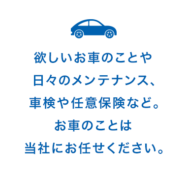 欲しいお車のことや日々のメンテナンス、      車検や任意保険など。お車のことは当社にお任せください。